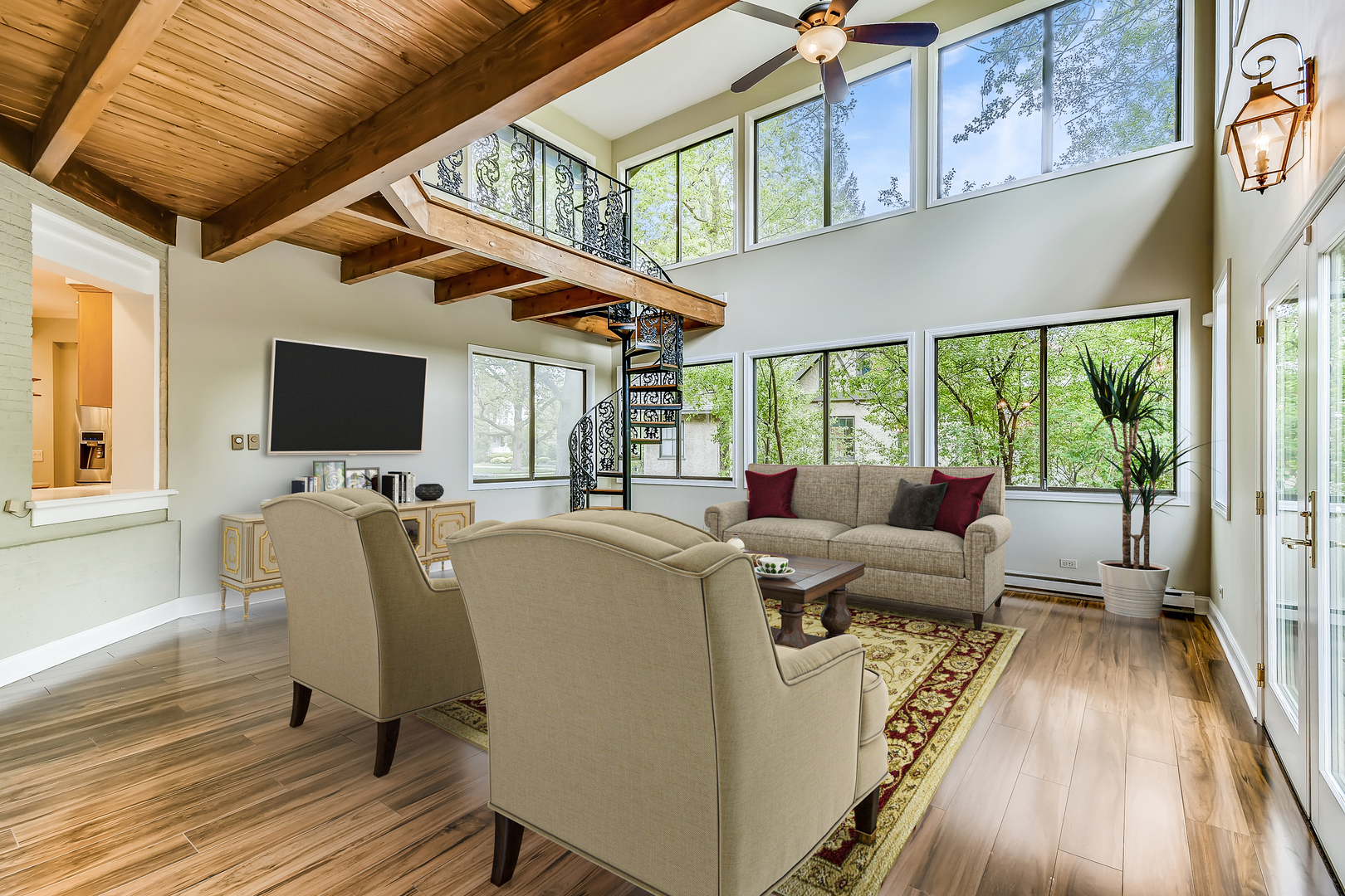 321 North Delaplaine Road Riverside, IL 60546 - Photo 25 of 52 a living room with furniture tv and a floor to ceiling window