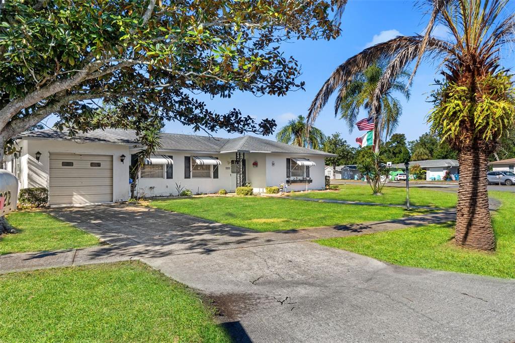 a view of a white house next to a yard with big trees and plants