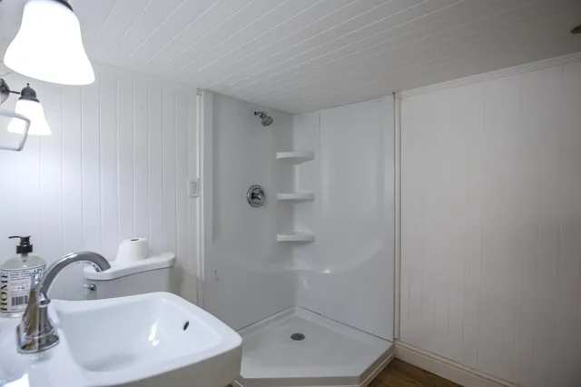 a bathroom with a sink mirror and shower
