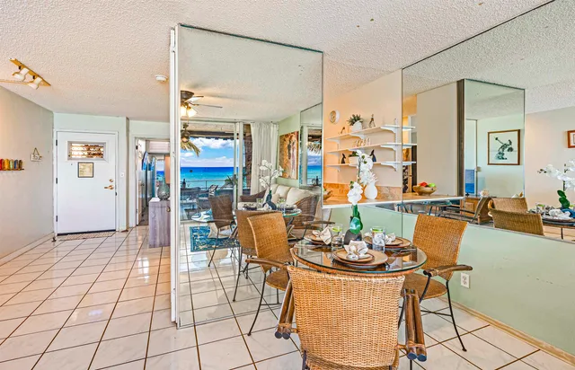 a view of a dining room with furniture