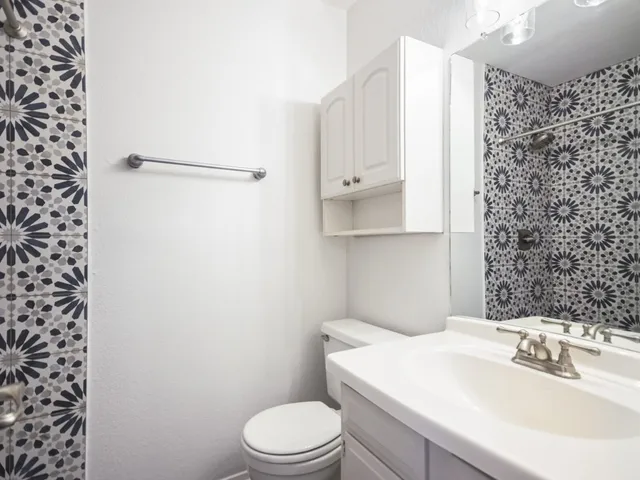 a bathroom with a sink a toilet and shower