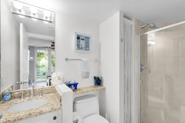 a bathroom with a sink vanity mirror and toilet