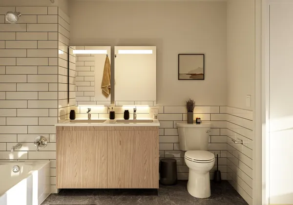 a bathroom with a sink a toilet and mirror