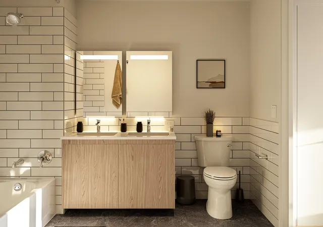 a bathroom with a sink a toilet and mirror