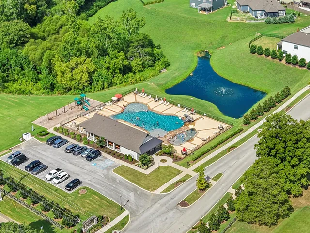 an aerial view of a pool a garden and plants