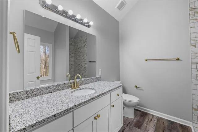 a bathroom with a granite countertop sink a toilet and a mirror