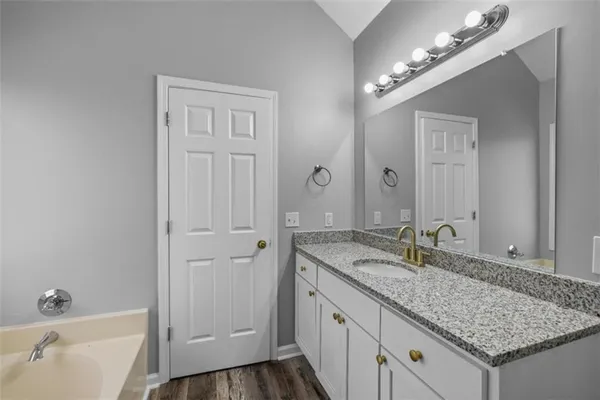 a bathroom with a granite countertop sink and a mirror