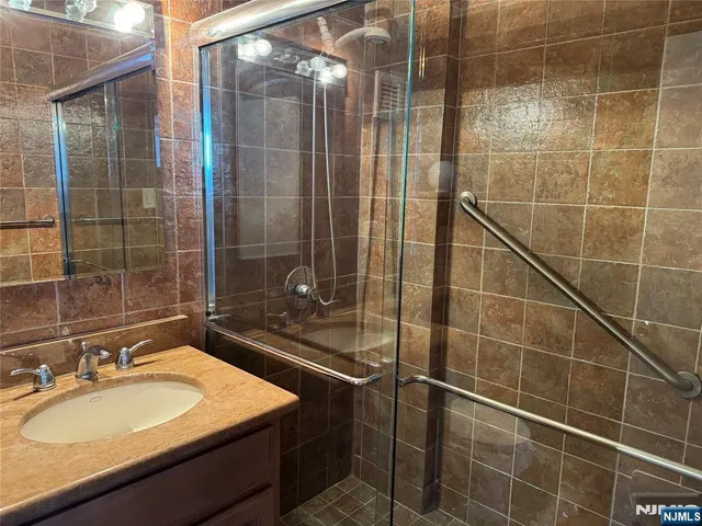 a bathroom with a sink mirror and shower