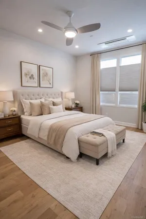 a bedroom with a large bed and a large window