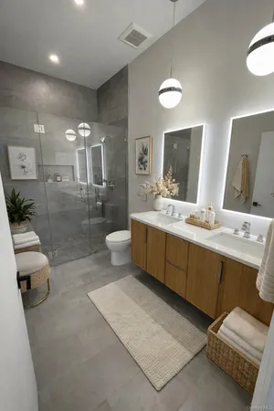 a spacious bathroom with a double vanity sink a large mirror and a shower