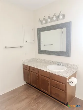 a bathroom with a sink vanity and mirror