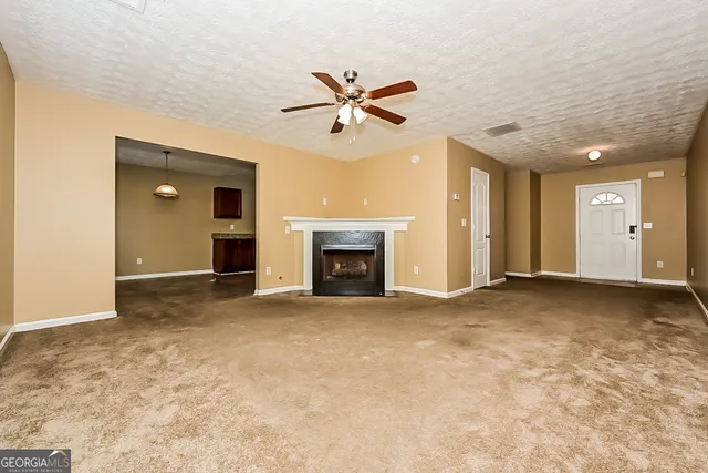 en view interior of a house with a fireplace