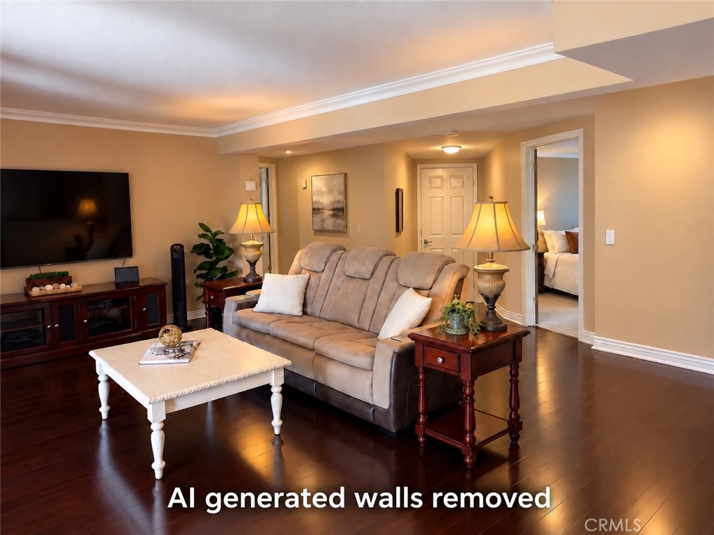 390 North Milford Road Orange, CA 92867 - Photo 12 of 70 AI generated photo with pony wall and wall removed behind couch.