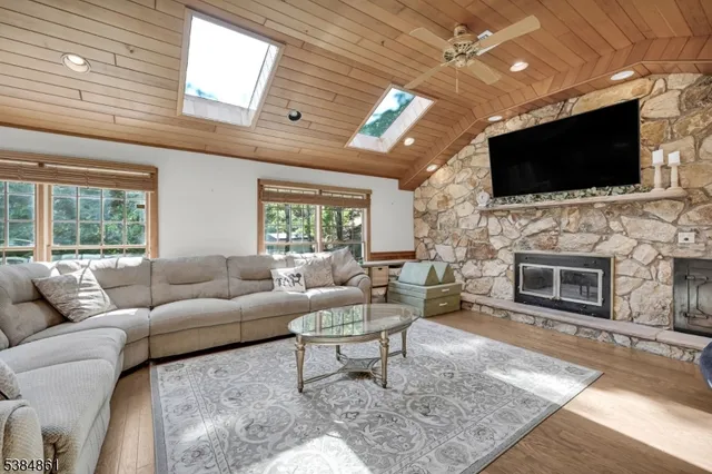 a living room with fireplace furniture and a flat screen tv