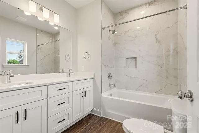 a bathroom with a bathtub shower sink vanity and toilet