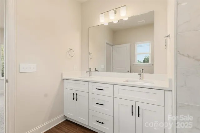 a bathroom with a double vanity sink and a mirror