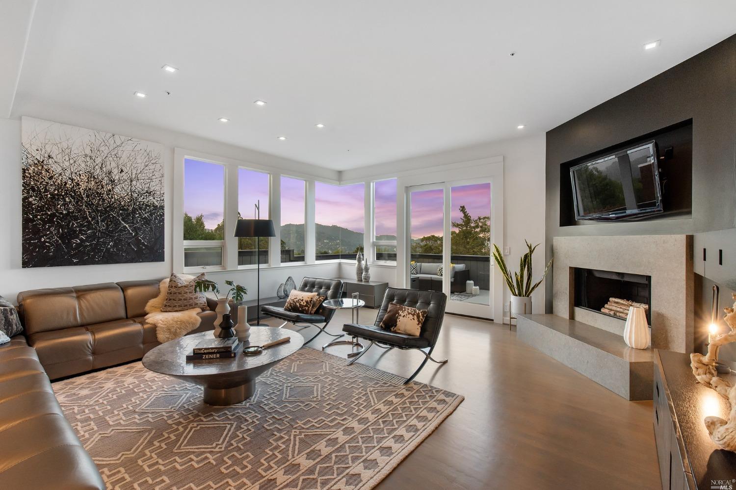 1007 Greenhill Road Mill Valley, CA 94941 - Photo 1 of 1 a living room with fireplace furniture and a flat screen tv