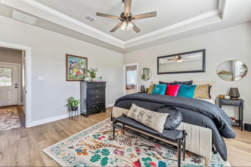 2455 Schooner Way Bluff Dale, TX 76433 - Photo 14 of 37 Bedroom with a tray ceiling, light wood-style flooring, ornamental molding, and a ceiling fan