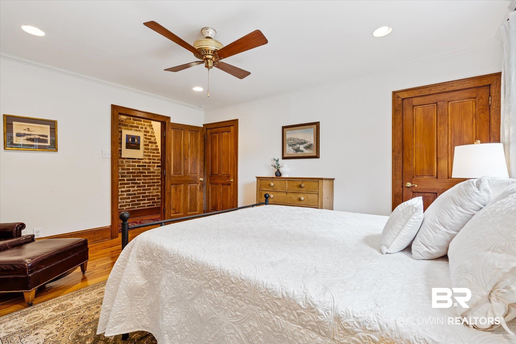 2228 Riverside Drive Mobile, AL 36605 - Photo 28 of 51 Bedroom featuring light wood-type flooring, ornamental molding, and ceiling fan