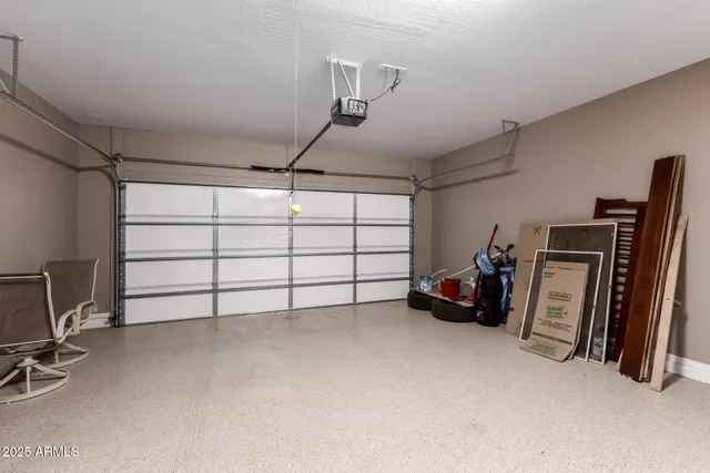 a view of a garage with storage