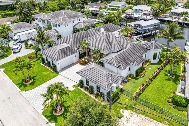 an aerial view of a house with a garden