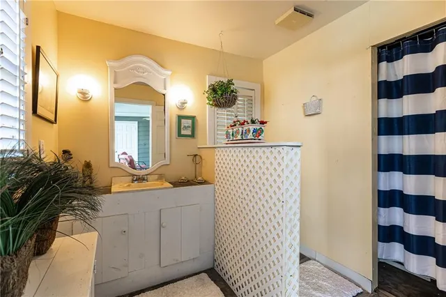 a bathroom with a sink a mirror and a shower