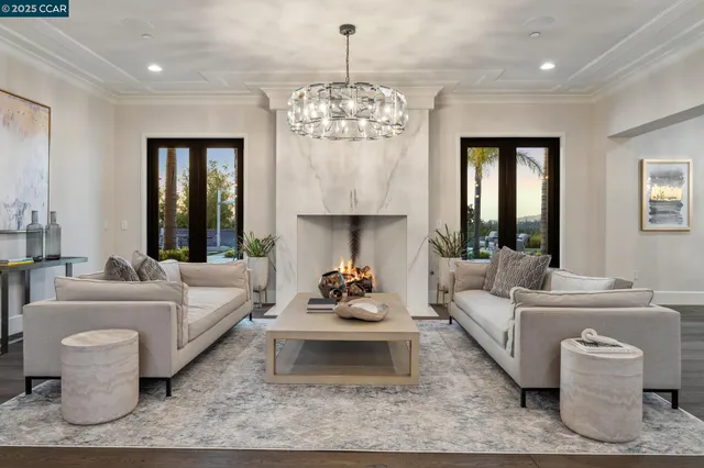 a living room with furniture a fireplace and wooden floor