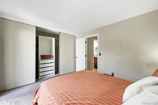 a bedroom with a bed and closet