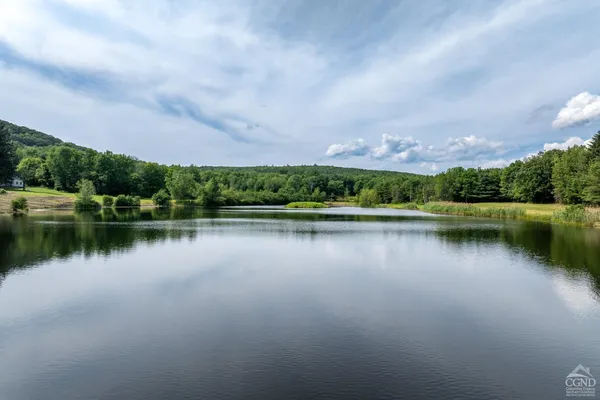 a view of a lake with houses in the background