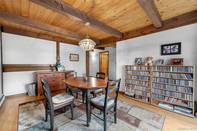 a view of a dining room with furniture