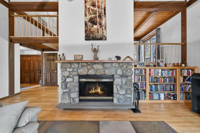 a living room with fireplace and a book shelf