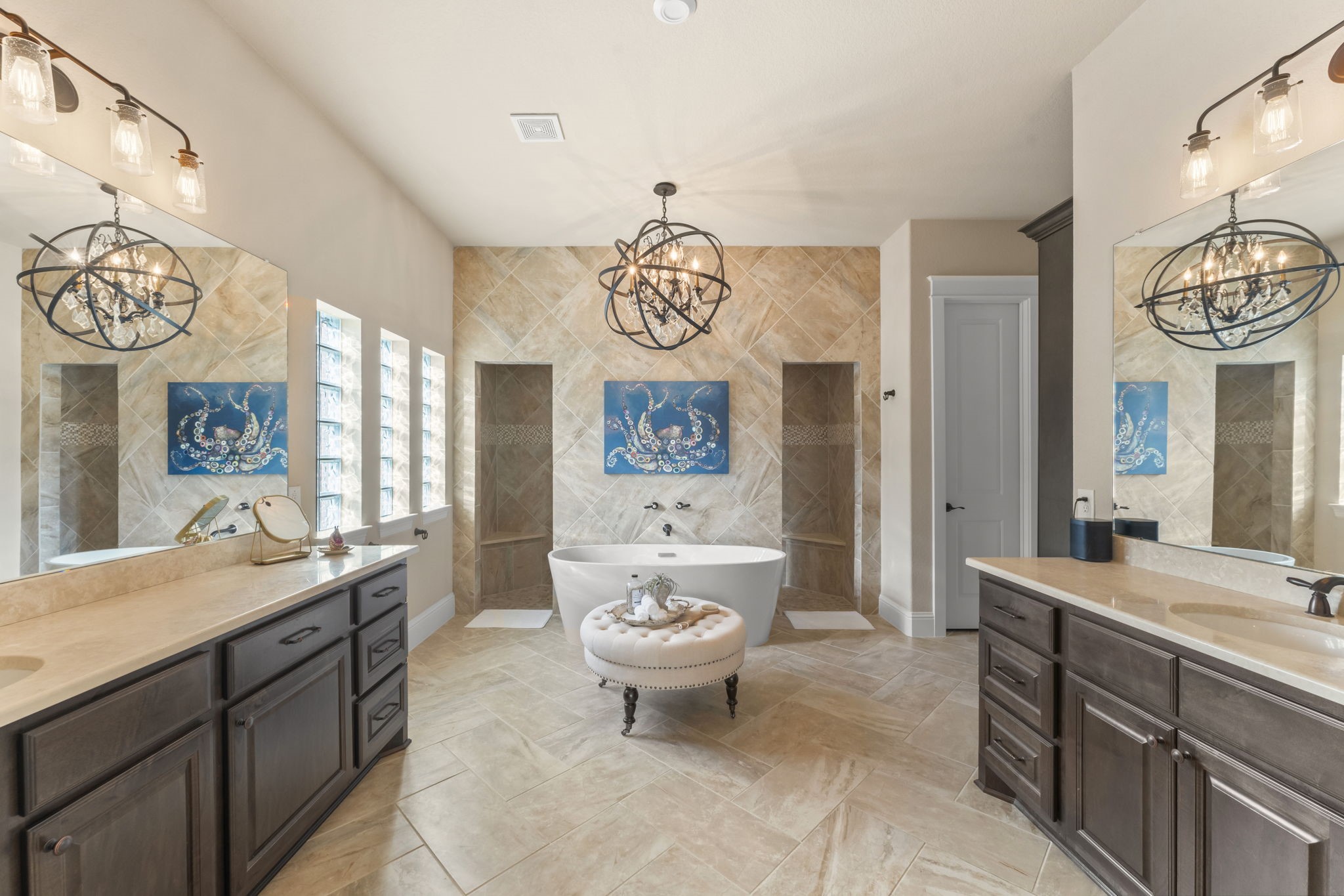 2203 Flameleaf Court Conroe, TX 77384 - Photo 23 of 49 a spacious bathroom with a sink a mirror a bathtub and a shower