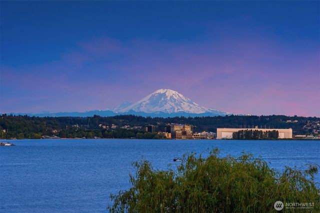 a view of a lake with houses in the background