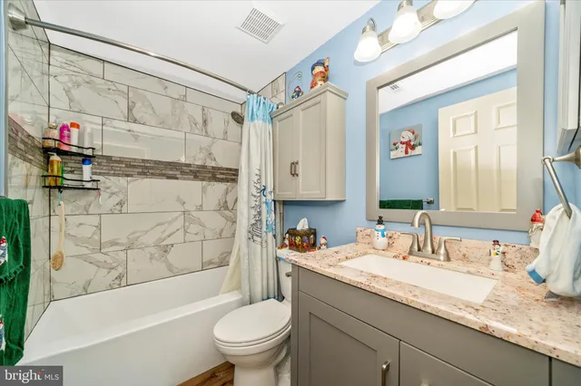 a bathroom with a granite countertop sink a toilet and shower