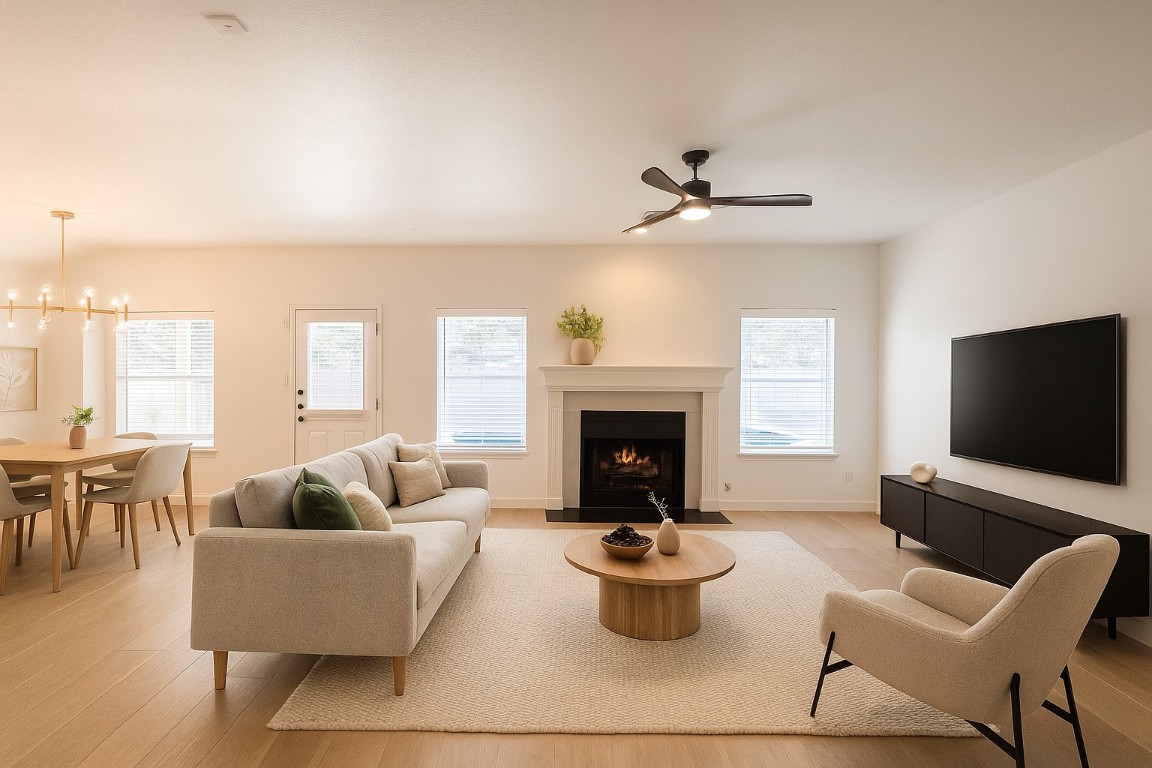 4821 Chesney Ridge Drive Austin, TX 78749 - Photo 3 of 15 a living room with furniture a fireplace and a flat screen tv