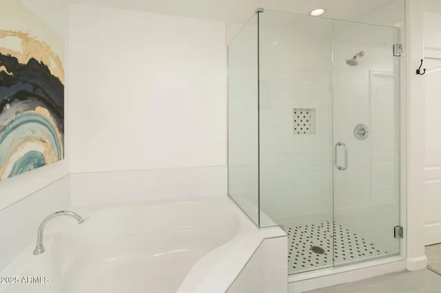 a bathroom with a bathtub and shower