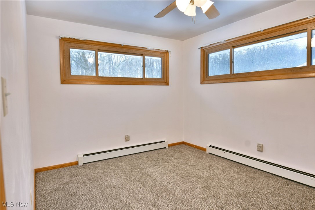7155 Drake State Line Road Burghill, OH 44404 - Photo 35 of 50 Unfurnished room featuring baseboard heating, carpet, ceiling fan, and healthy amount of natural light