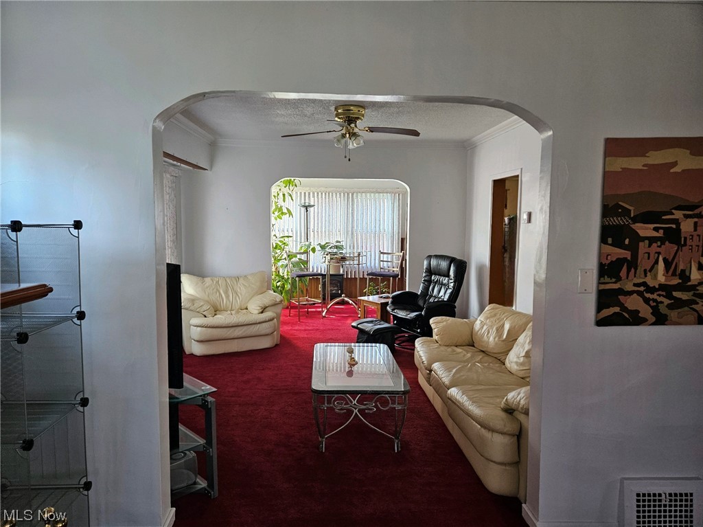 1002 Pembrook Road Cleveland Heights, OH 44121 - Photo 9 of 9 Carpeted living room with ceiling fan, ornamental molding, and a textured ceiling