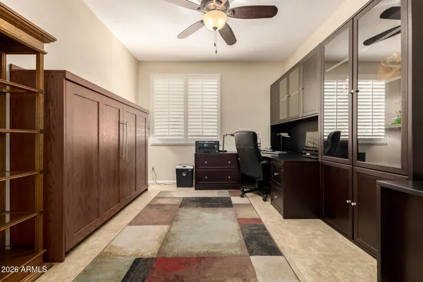 a garden view with a seating space