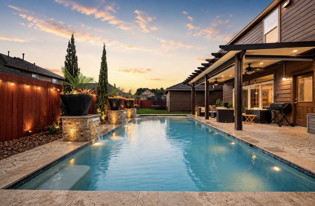 2139 Pacific Loon Lane Conroe, TX 77385 - Photo 1 of 21 Resort style backyard with a custom pool, illuminated water features, stamped concrete decking, and a covered patio perfect for entertaining and outdoor living.