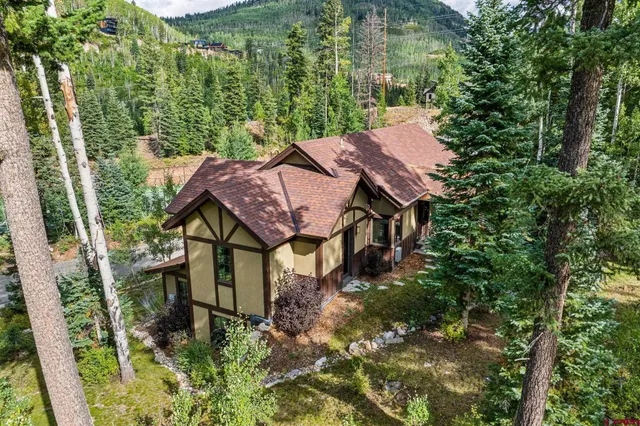 an aerial view of a house with yard and green space
