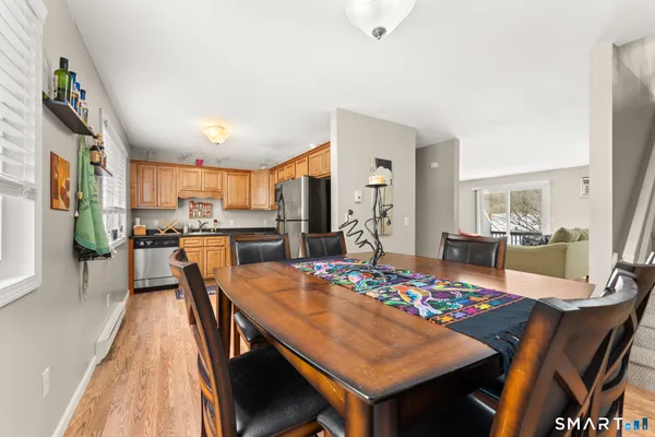 a view of a dining room kitchen and a table