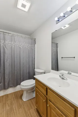 a bathroom with a sink a toilet a mirror and shower curtain