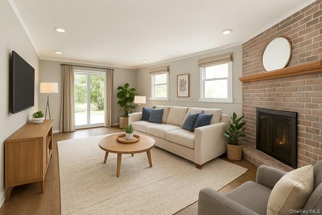 33 Hillcrest Road Suffern, NY 10901 - Photo 22 of 39 Staged - Living area featuring ornamental molding, wood finished floors, healthy amount of natural light, a brick fireplace, and recessed lighting