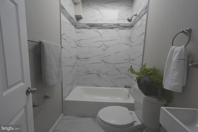 a bathroom with a toilet and a bath tub