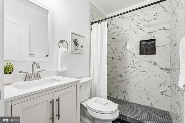 a bathroom with a sink toilet a mirror a vanity and shower