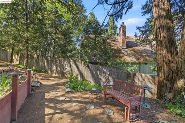 a view of a chairs and table in the backyard