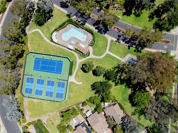 an aerial view of a swimming pool