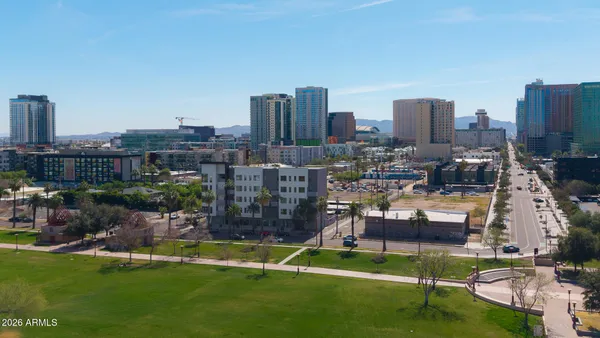 a city view with tall buildings