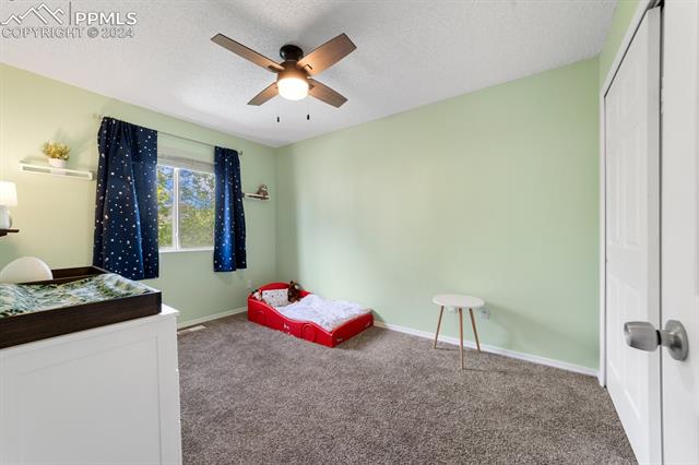 6525 Bismark Road Colorado Springs, CO 80922 - Photo 21 of 38 Bedroom featuring a closet, carpet, and ceiling fan